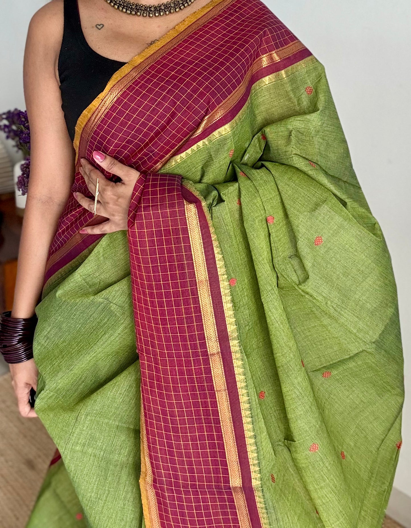 Green and maroon contrast, Chettinad cotton saree with checkered border  - YCCOTNMA271