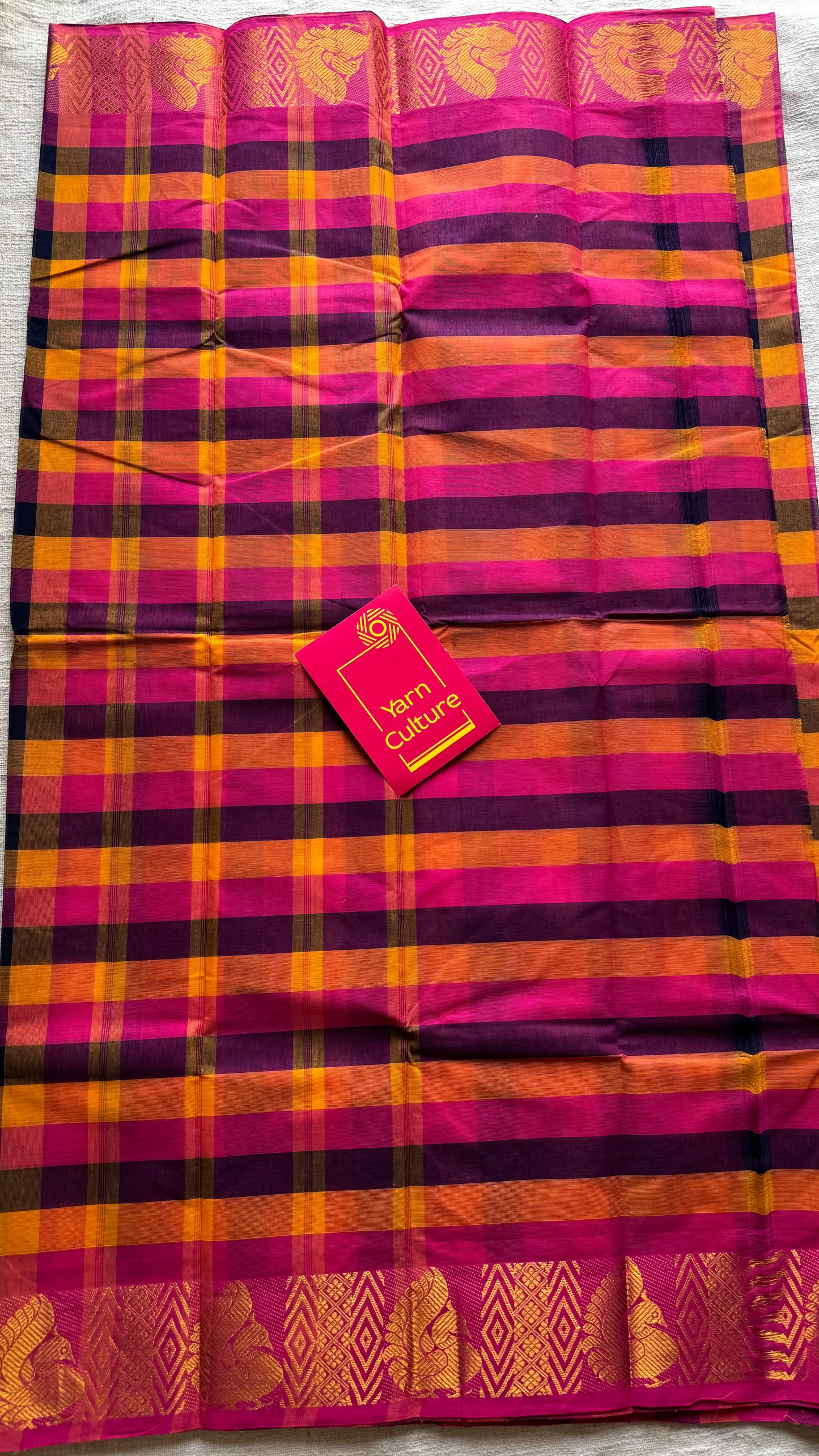 Multicolour Chettinad cotton saree with paalum pazhamum checks (hot pink, yellow, navy, orange) - YCCOTNMA281