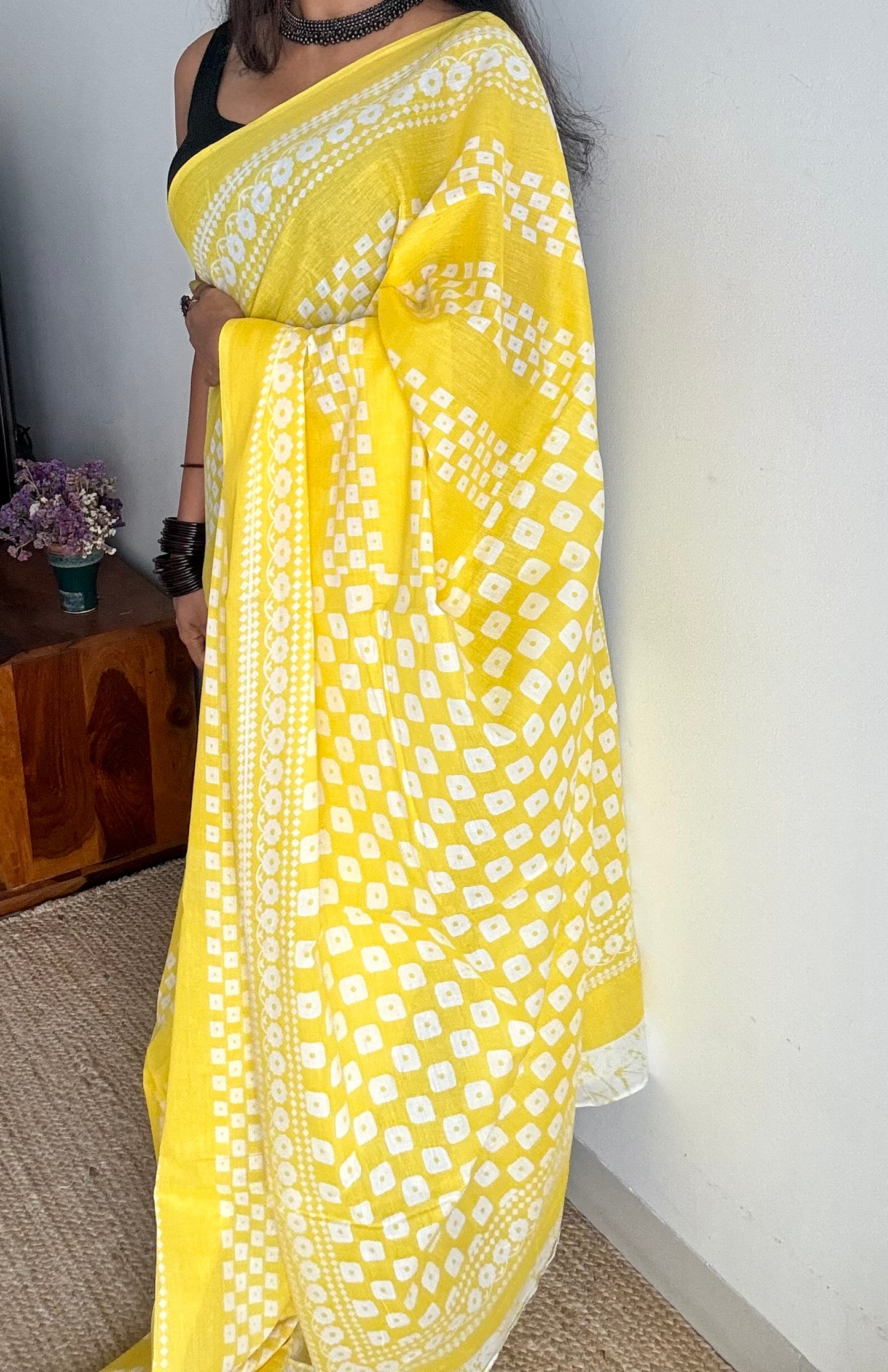 Yellow with white prints, soft cotton saree - YCTORCMA03