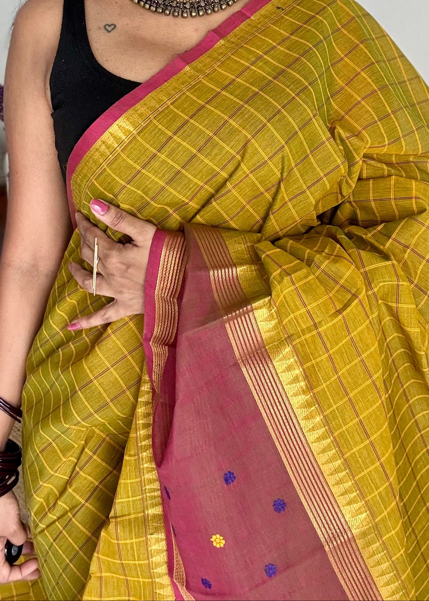 Light green and dark copper rose contrast, checkered Chettinad cotton saree - YCCOTNMA267