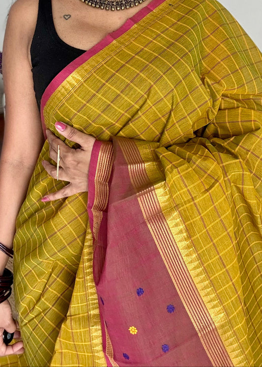 Light green and dark copper rose contrast, checkered Chettinad cotton saree - YCCOTNMA267