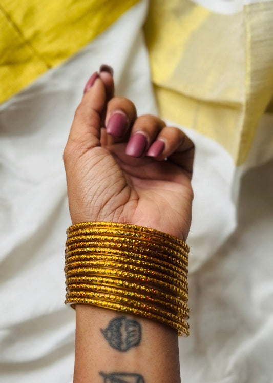 Golden glittered glass bangles, set of 12 - YCBANGL844