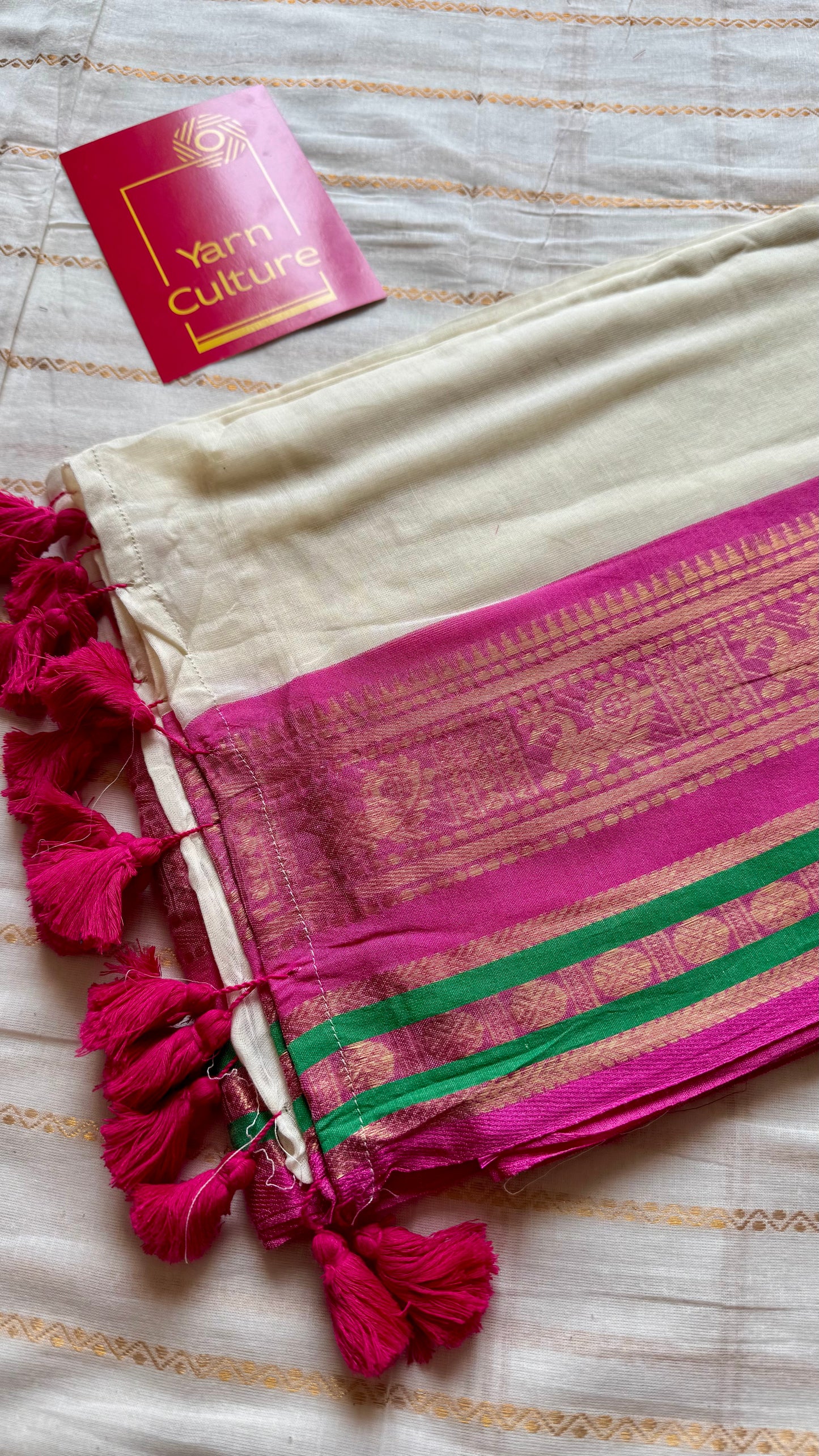 Ivory mul saree, magenta and green kanchi border - YCIEON10