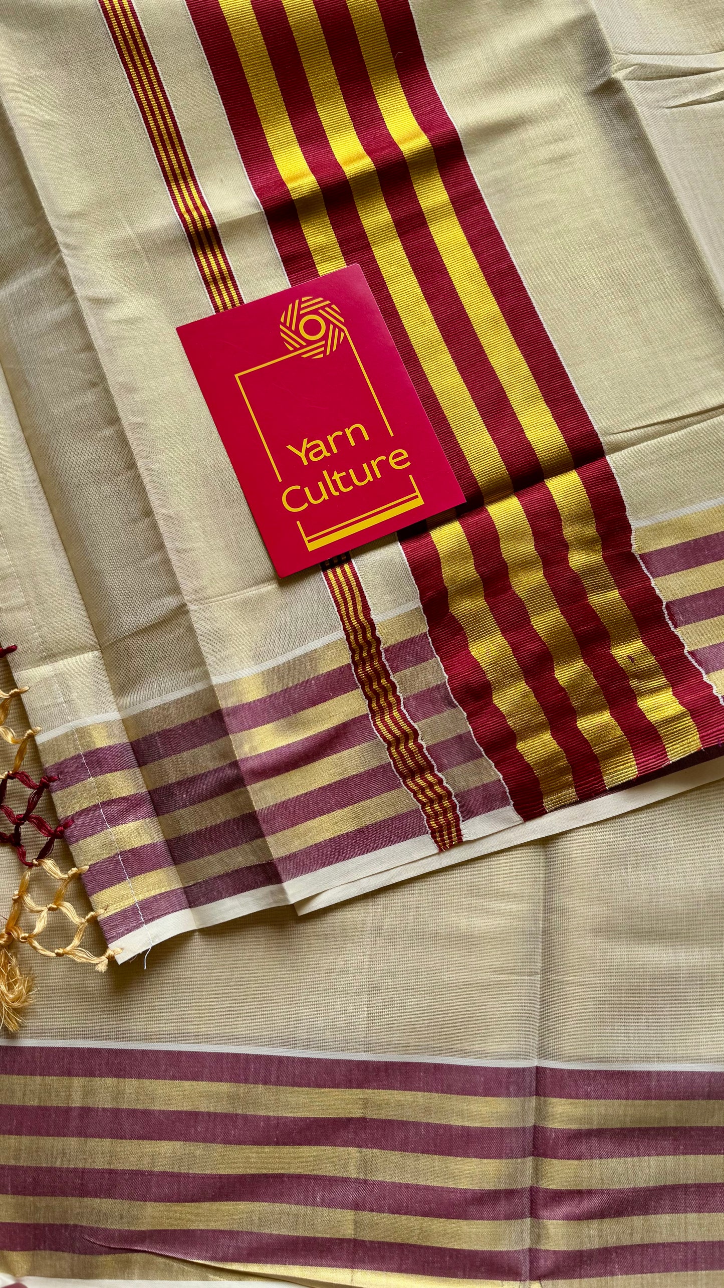 Ivory and gold soft tissue cotton saree, maroon border - YCIEON67
