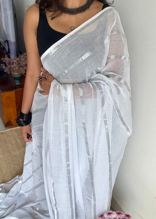 Sugar Cloud - white with silver zari stripes, mul cotton - YCBCJULMS02