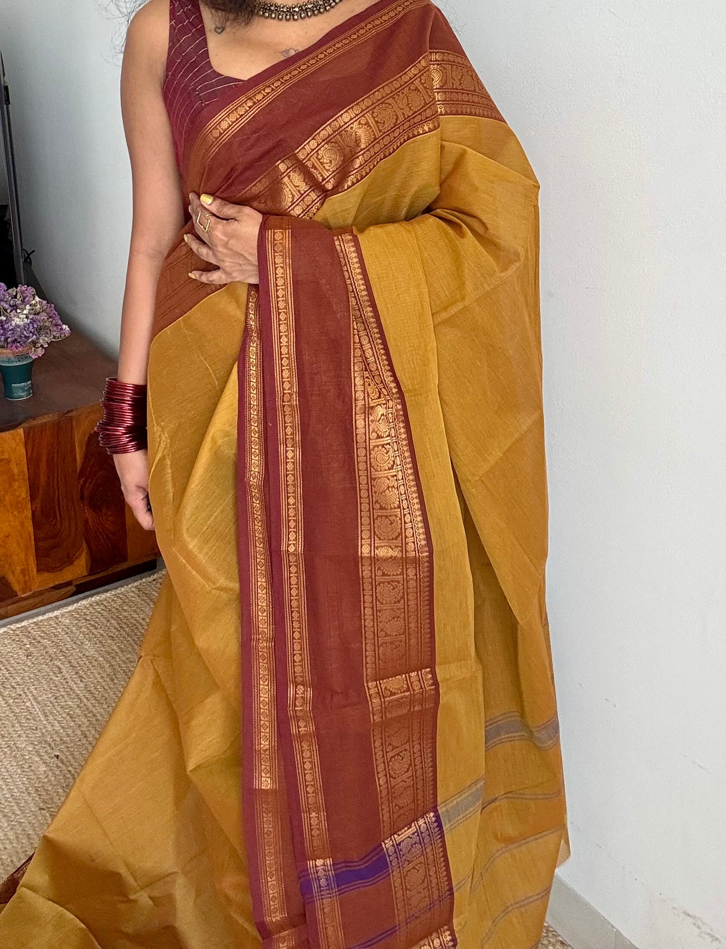 Ginger yellow with brown Chettinad cotton saree with rettaipettu peacock border - YCCOTNCCFE158