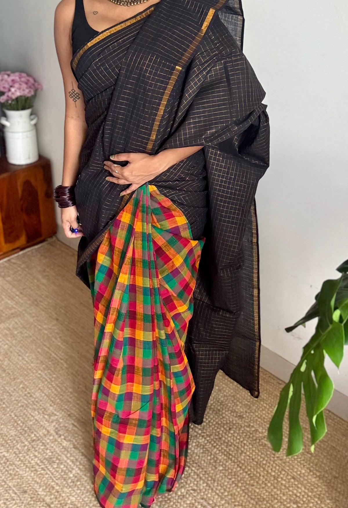 Black with multicoloured mini madras checks, cotton half and half saree - YCCOTNIDOC168