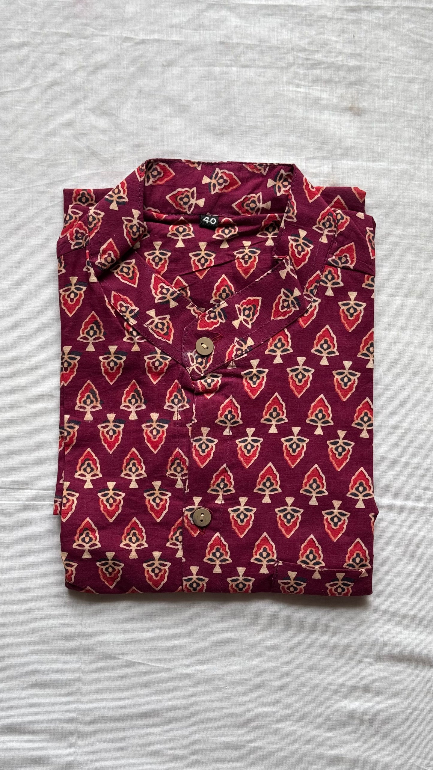Maroon Paisley Motif Block Printed Cotton Men's Half Sleeve Mandarin Collar Kurta Shirt - YCMSEIE188