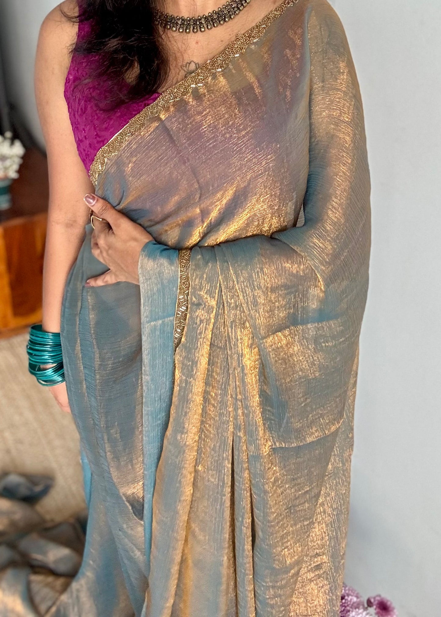 Teal Appeal - teal grey, metallic dual tone space silk, embellished border - YCDOSDE53