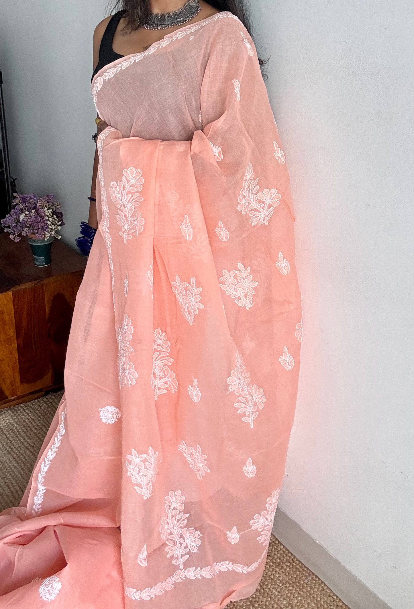 Sukun - musk, light peach hand-embroidered chikankari cotton saree - YCLCKFE425