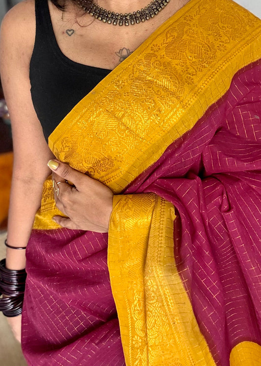 Maroon with turmeric yellow checkered sungudi, madurai cotton - YCCOTNSUDE45