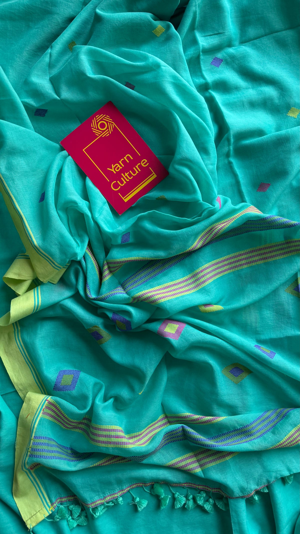Handloom Bengal soft cotton saree, turquoise with woven buttas and lime green borders - YCBCMCSE38