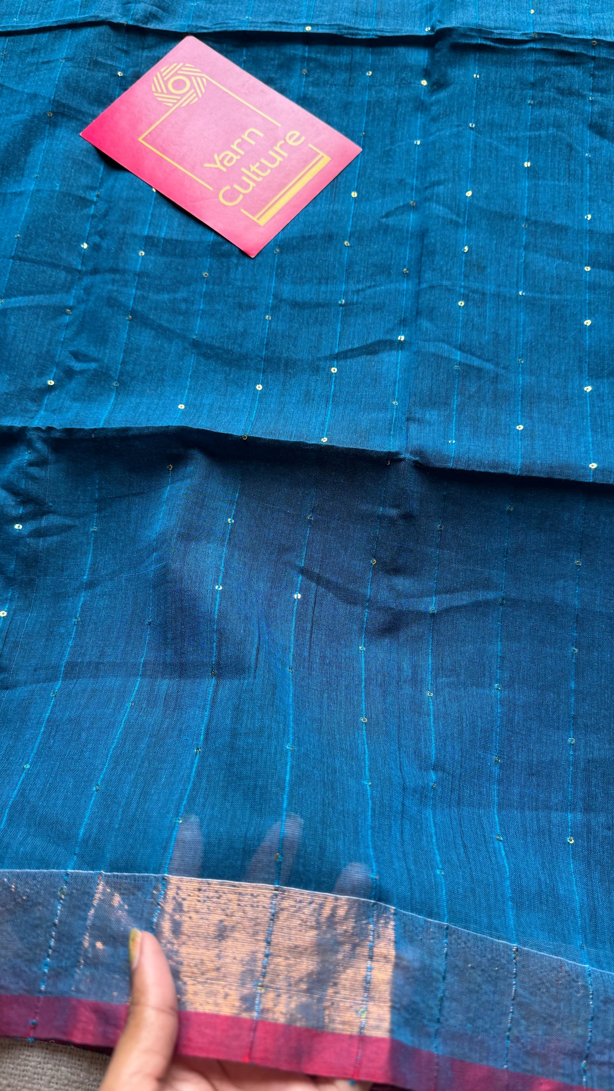 Peacock blue mul cotton saree with sequins and zari border - YCBCMCSE31