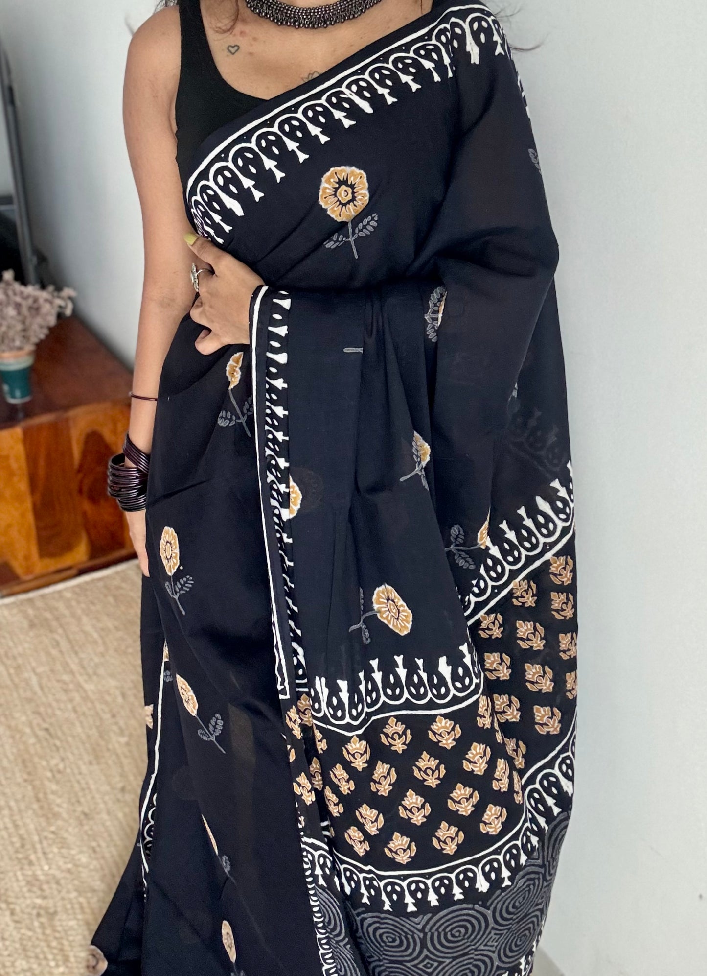 Midnight Marigold – a soft bloom of spring, block print, soft cotton - YCTOROCBP63