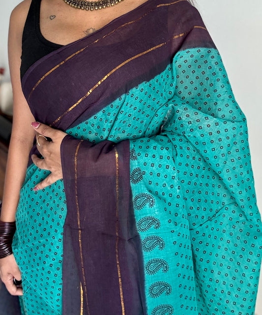 Aqua green with dark blue contrast, kattuchayam dyed madurai cotton saree - YCCOTNMA246