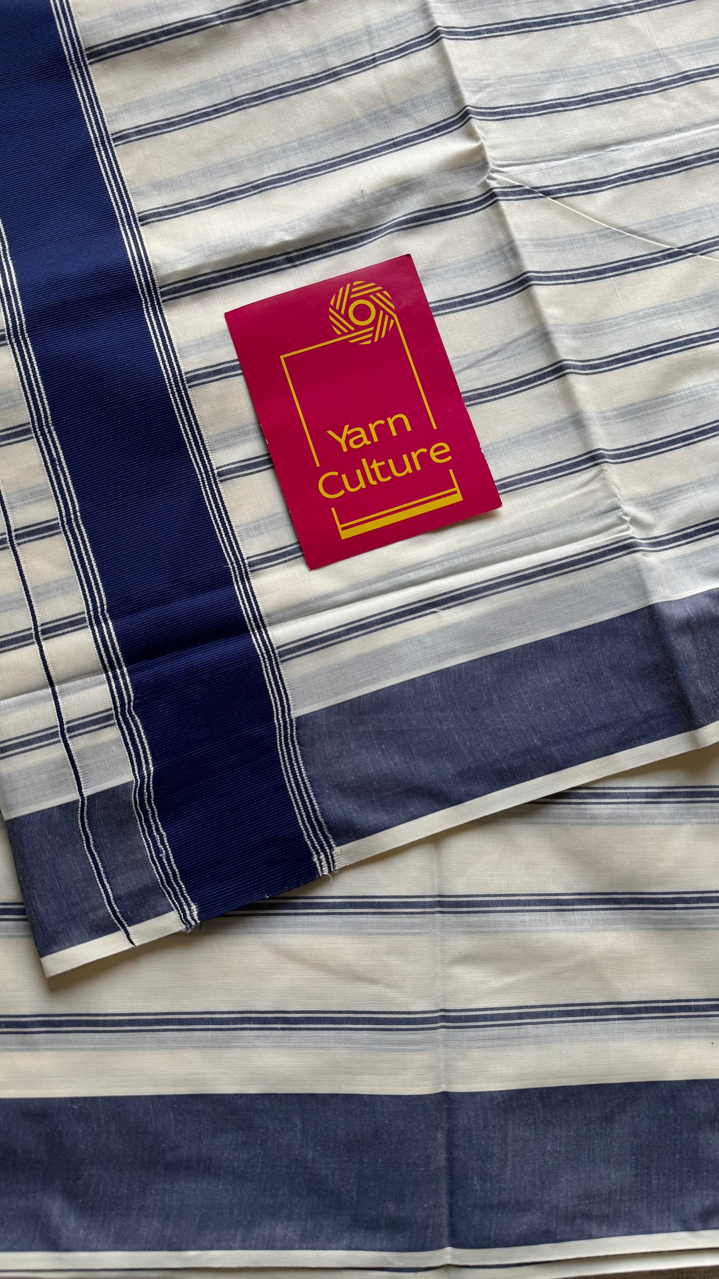 Ivory Kerala cotton saree with blue stripes and border - YCIEKCFE320