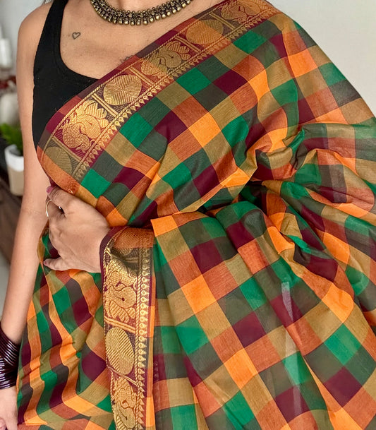 Multicolour Chettinad cotton saree with paalum pazhamum checks (green, dark green, brown, orange, yellow) - YCCOTNAP65