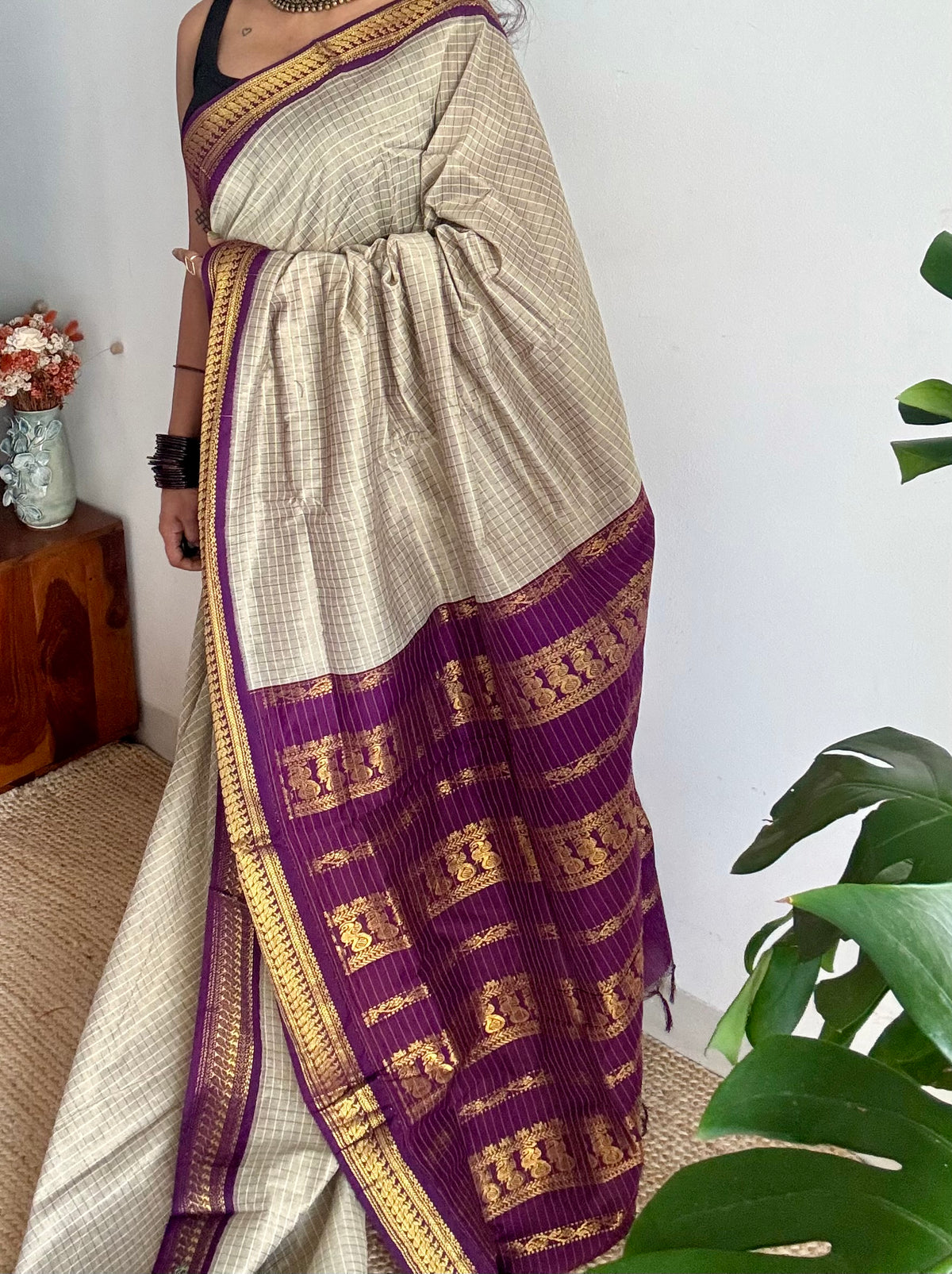 Warm grey with purple, zari checkered saree, cotton silk - YCCOTNKCOC110