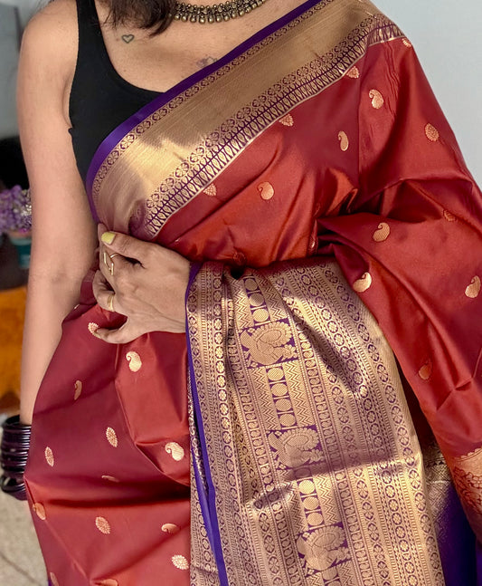 Orangish brown with purple, handloom korvai kanchipuram semi silk - YCSOKSSFE39