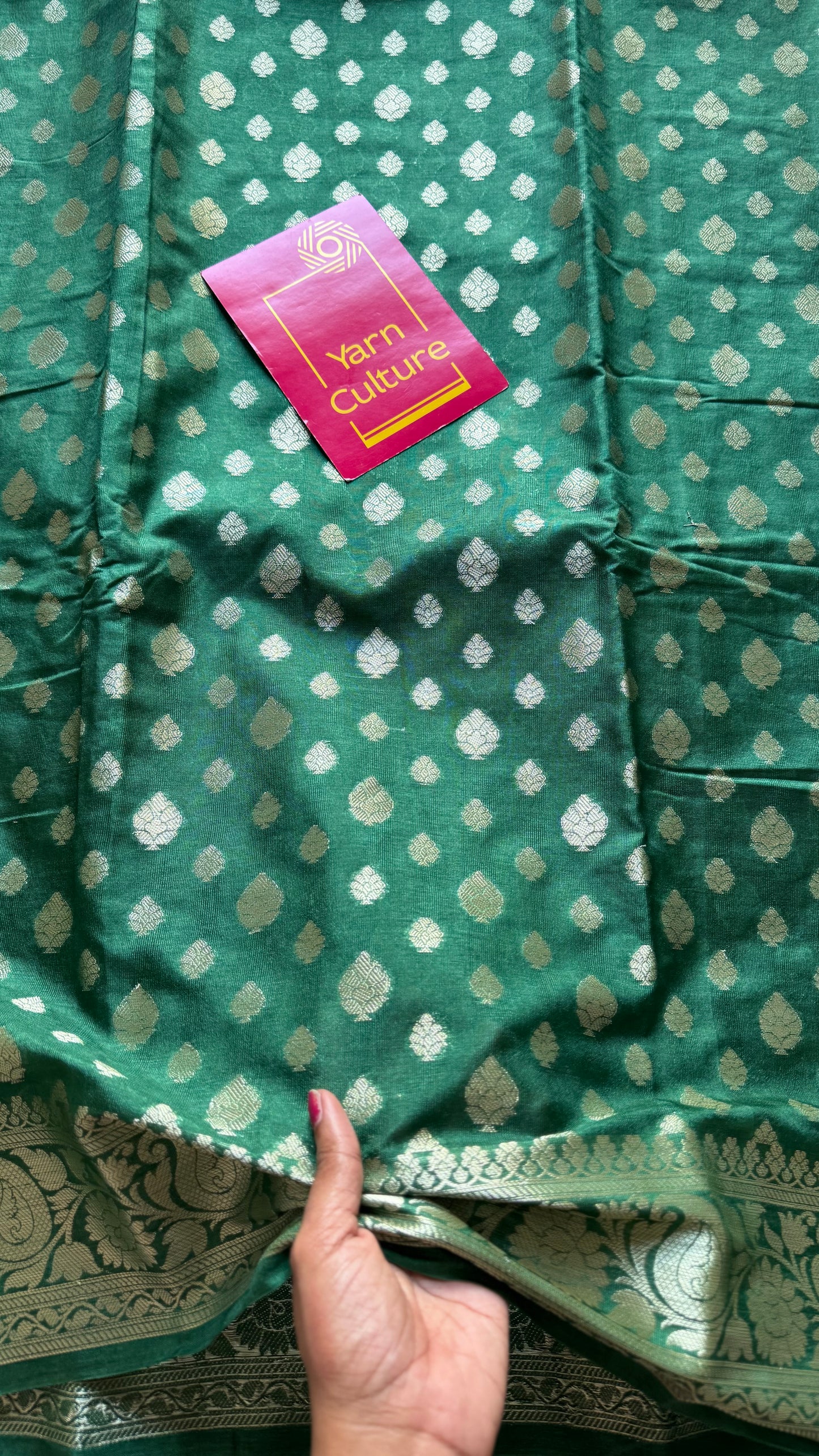 Bottle green, silver buttas and zari, Banarasi semi-silk - YCDESE40