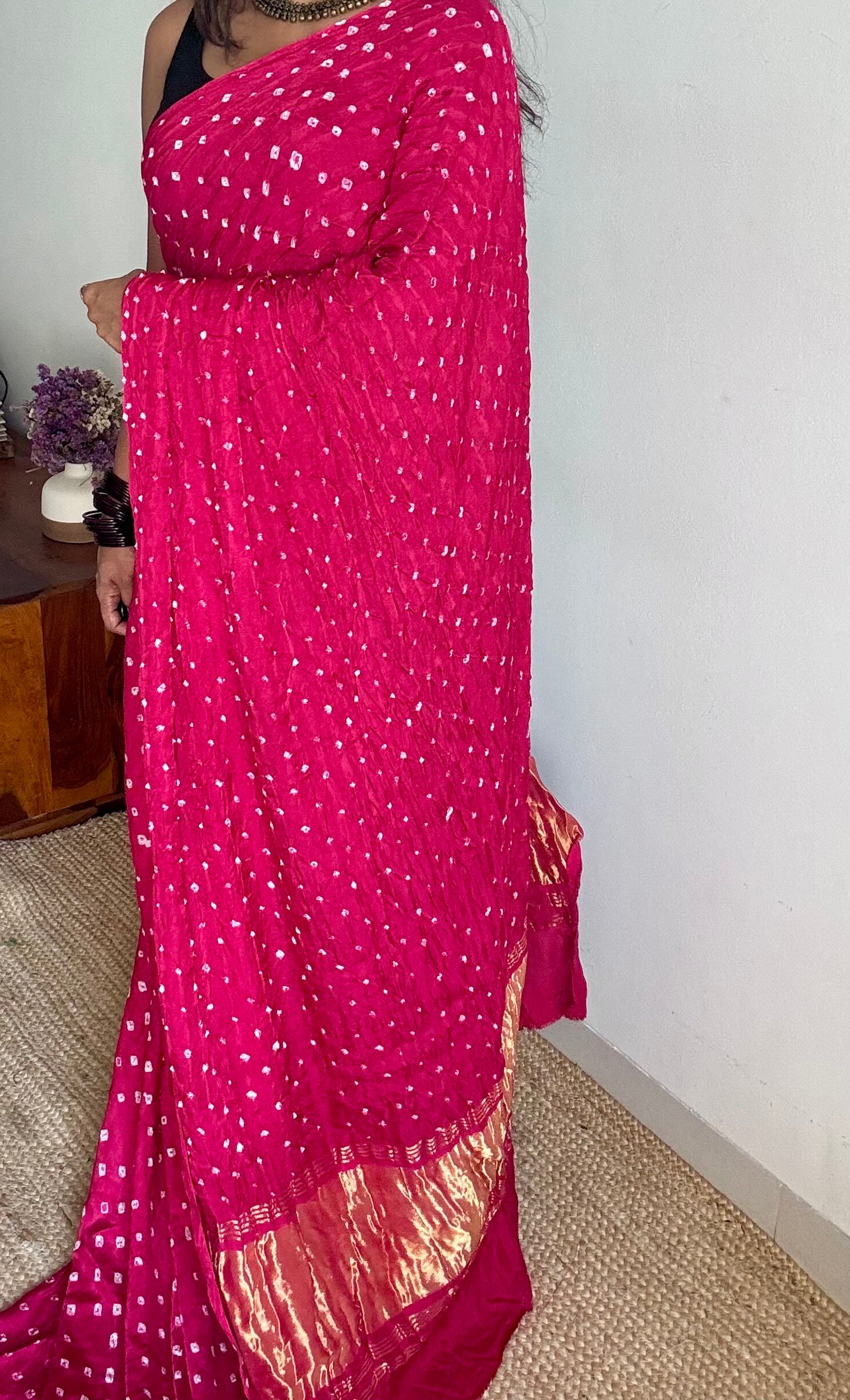 Rani pink, crushed bandhej pure modal silk saree with lagdi patta zari pallu - YCTOKBM332