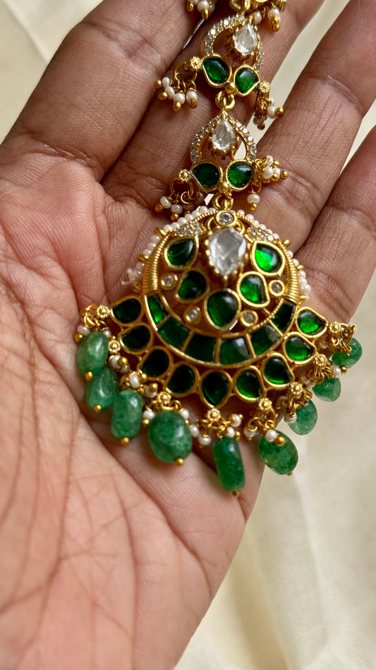 Green white kundan maang tikka - YCAGMT286