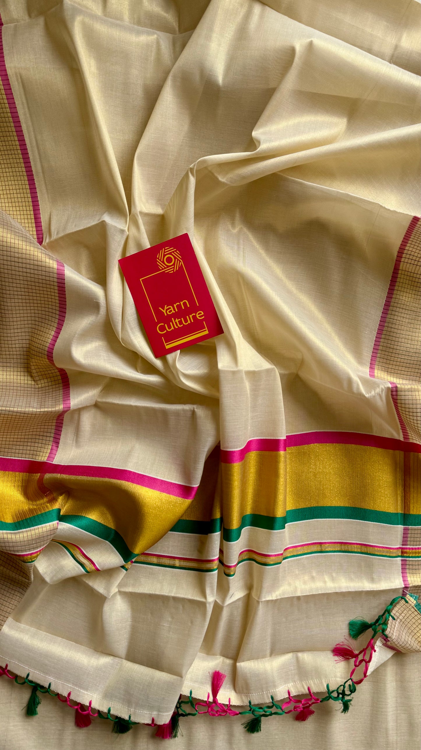 Ivory and gold soft tissue cotton saree, pink and green, checkered border - YCIEON77