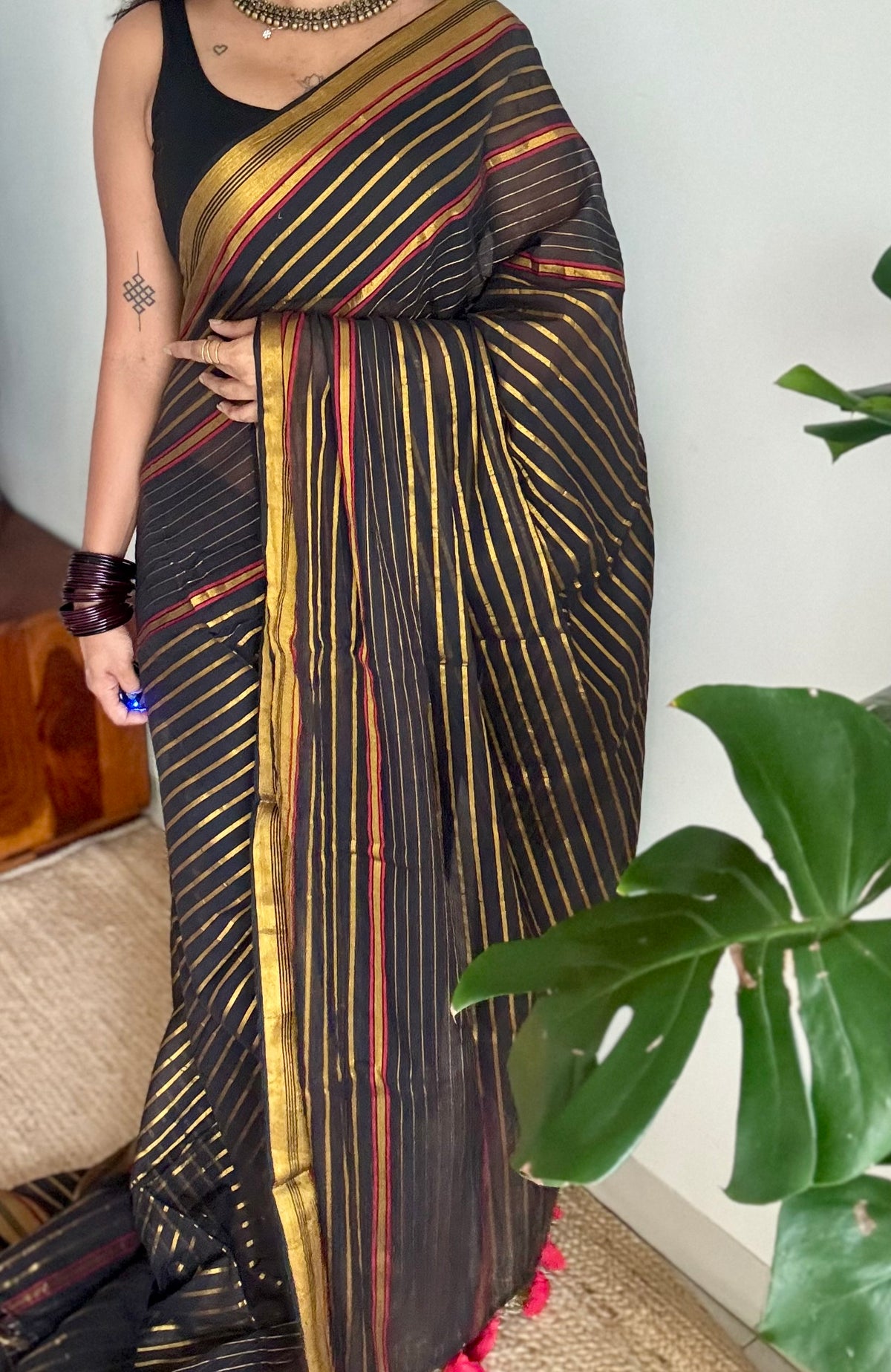 Black mul cotton saree with gold and maroon zari stripes - YCBCMCSE27