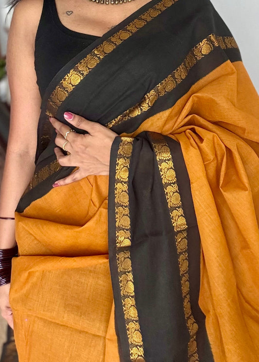 Turmeric yellow and black rettaipettu peacock double border, madurai soft cotton - YCCOTNMSAP197