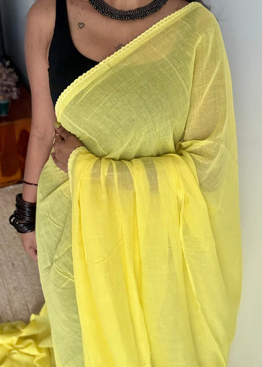 Yellow plain mul with lace border - YCBCMCLSE01