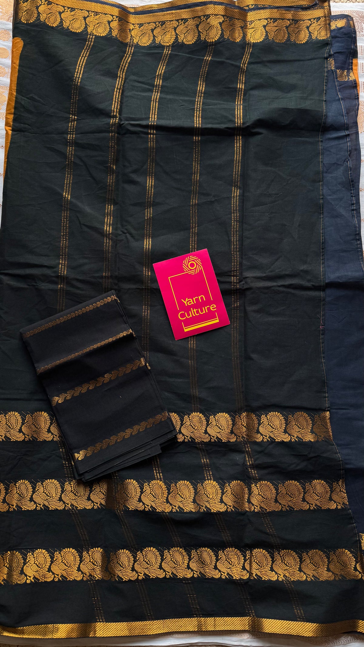 Turmeric yellow with black, cotton half and half saree - YCCOTNIDOC138