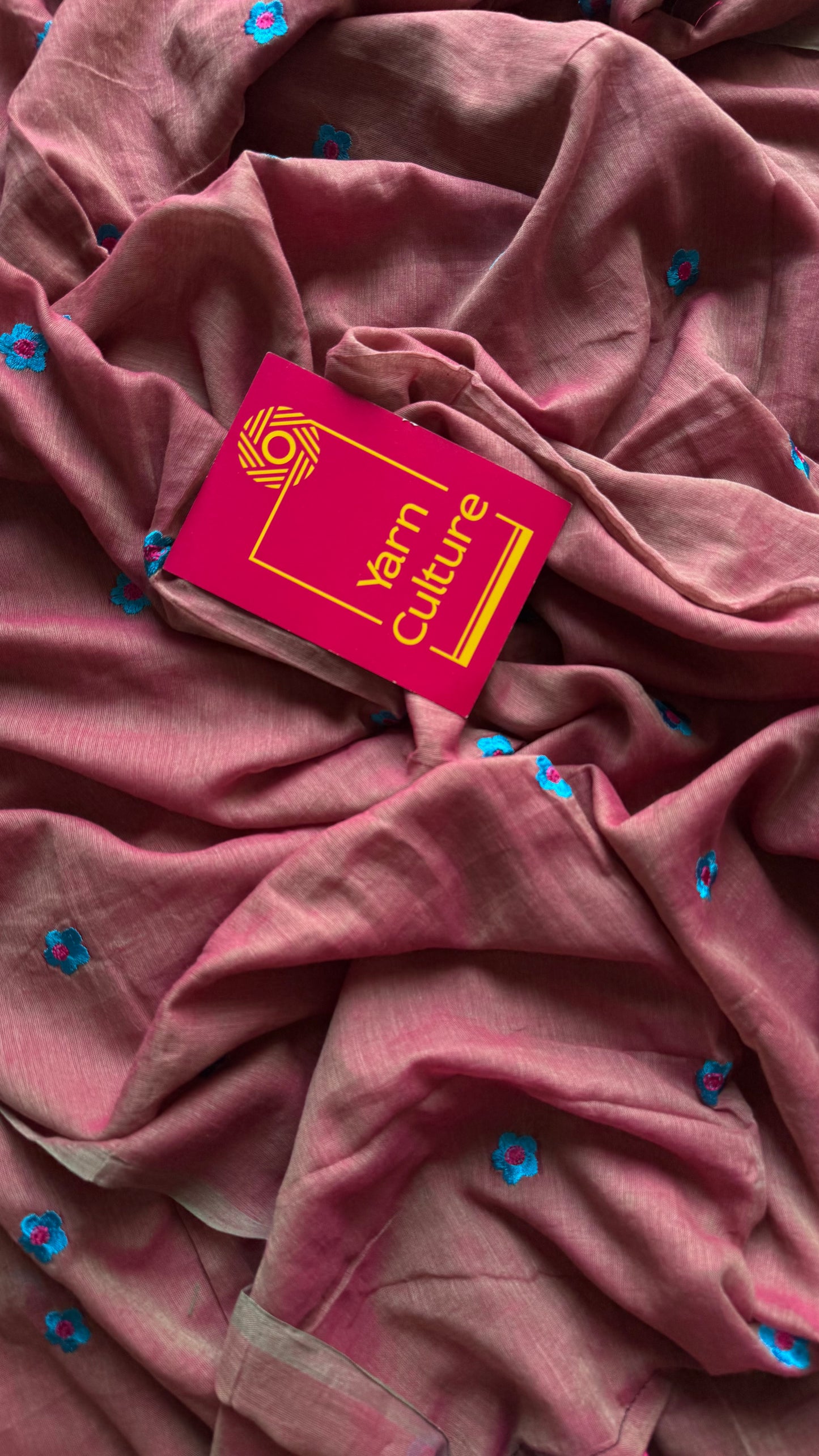 Dusty pink with grey dual tone, blue floral embroidered mul cotton saree  - YCBCMCAP44