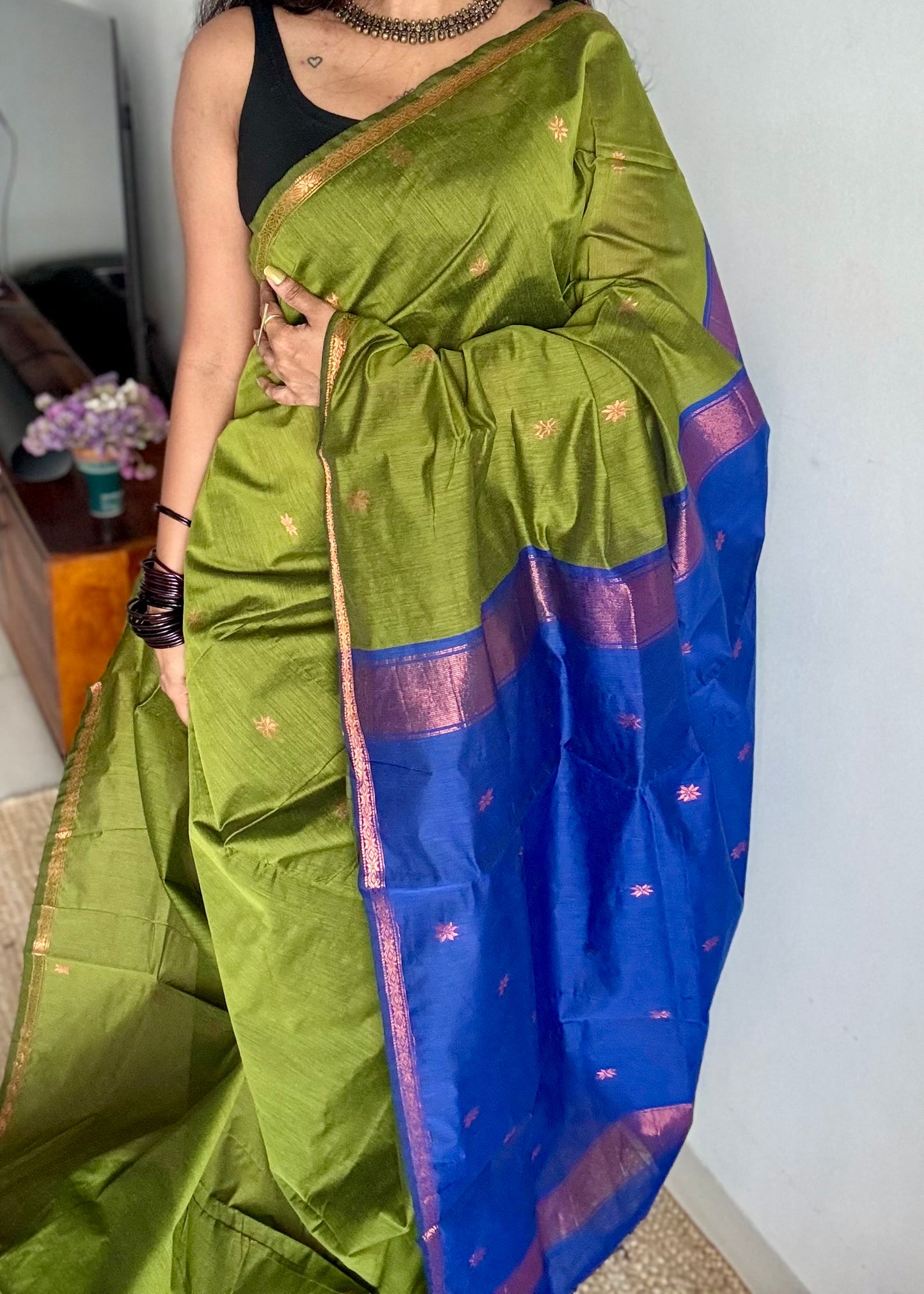 Parrot green with blue, copper zari buttas, semi maheshwari cotton silk - YCCOTNCSDE90