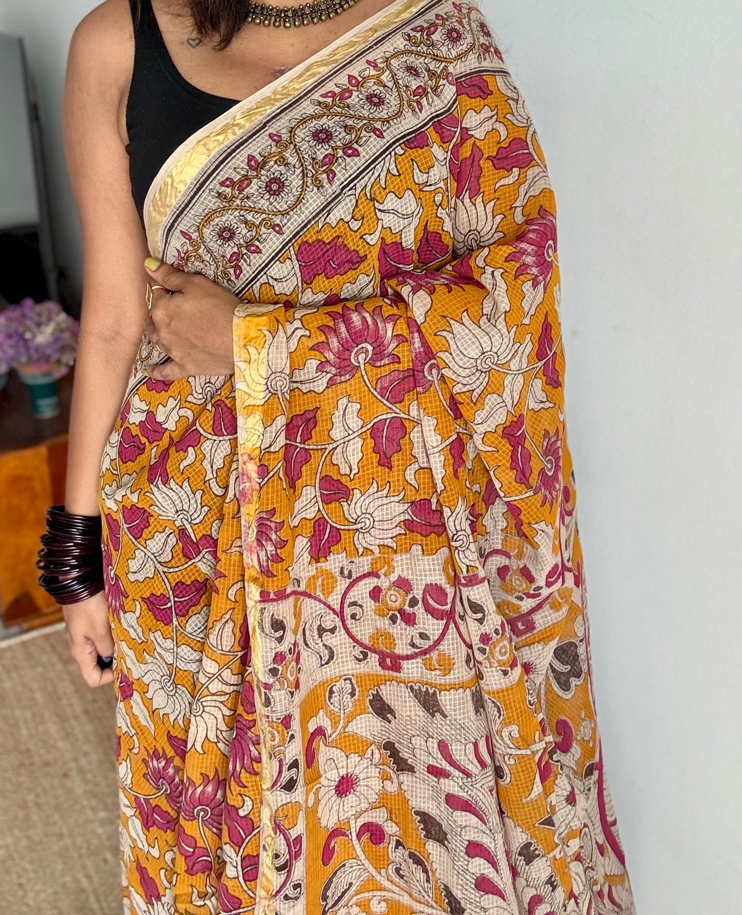 Orange pink kalamkari saree in kota, with zari border - YCWOTDKKFE14
