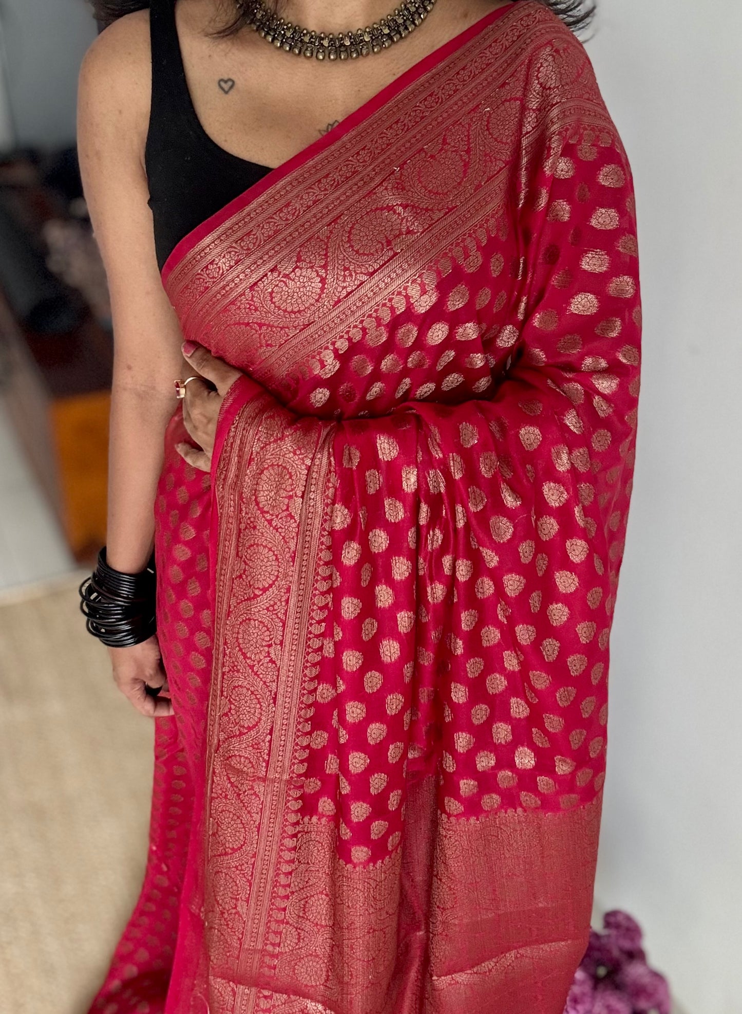 Vermilion - Bright red, antique gold zari, Banarasi semi georgette - YCBLFEGAGZ17