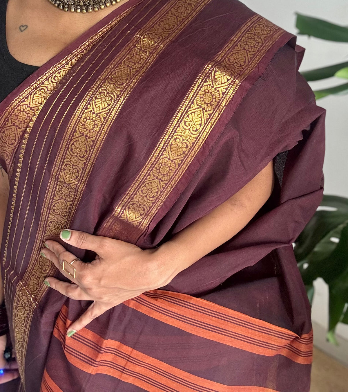 Purple brown with gap zari border, kanchi cotton saree - YCCOTNCCOC121
