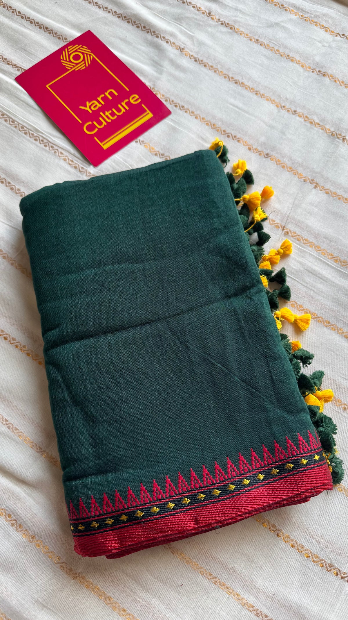 Handloom Bengal soft cotton saree, dark green with yellow and red woven dual tone borders - YCBCMCSE41