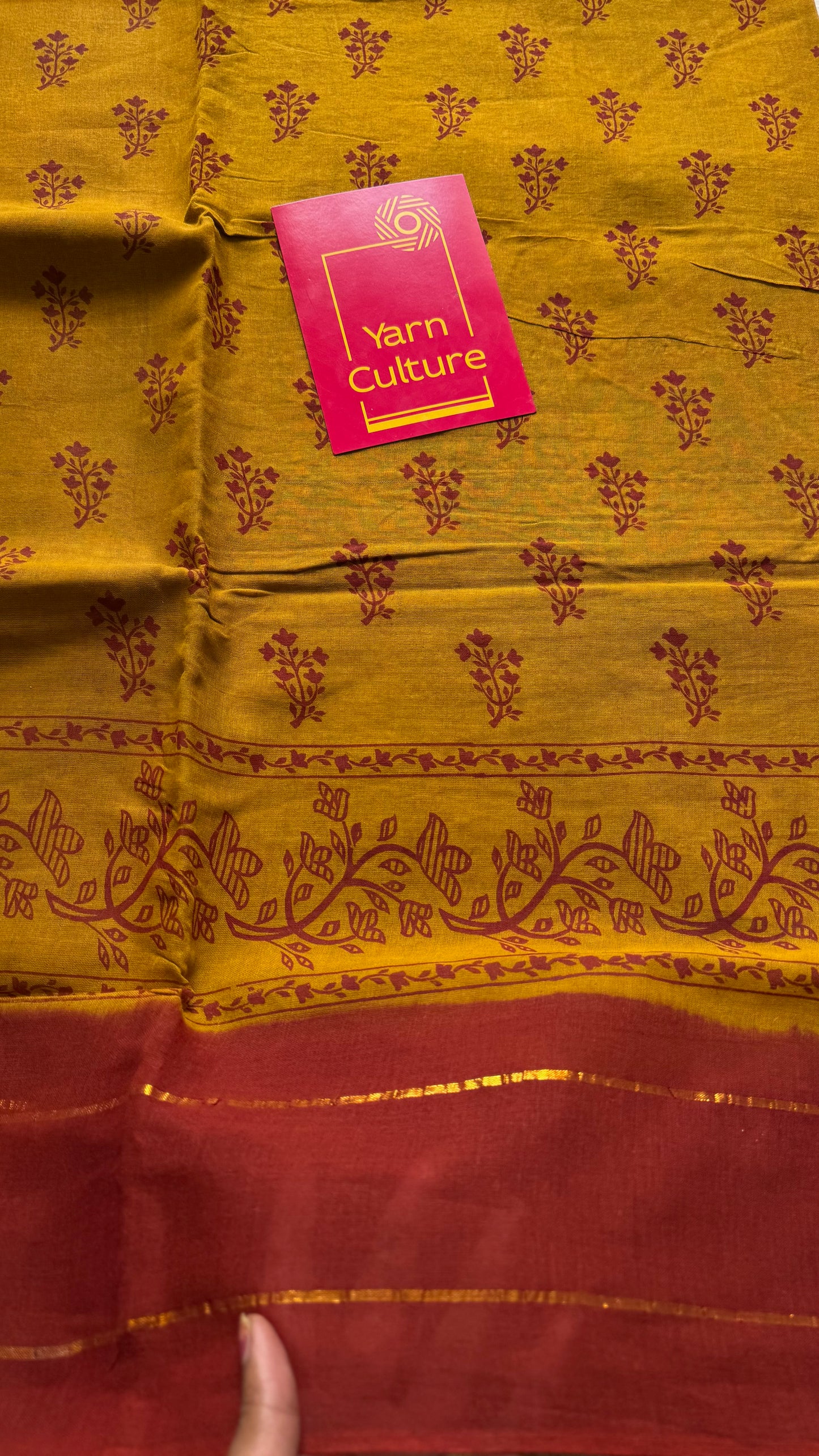 Mustard yellow with burnt red contrast, kattuchayam dyed madurai cotton saree - YCCOTNMA247
