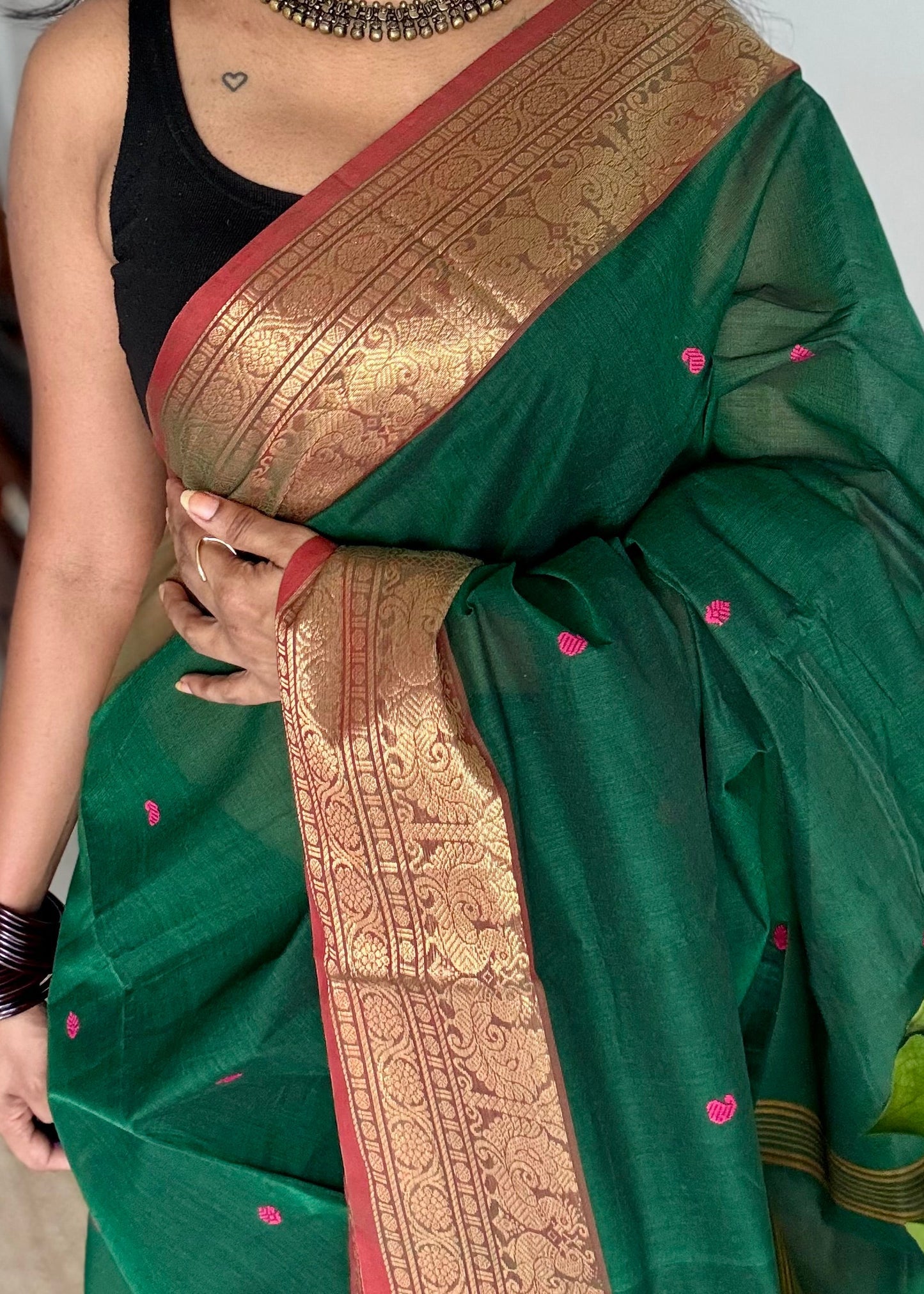 Dark green and brick red contrast, kanchi cotton saree - YCCOTNMA323