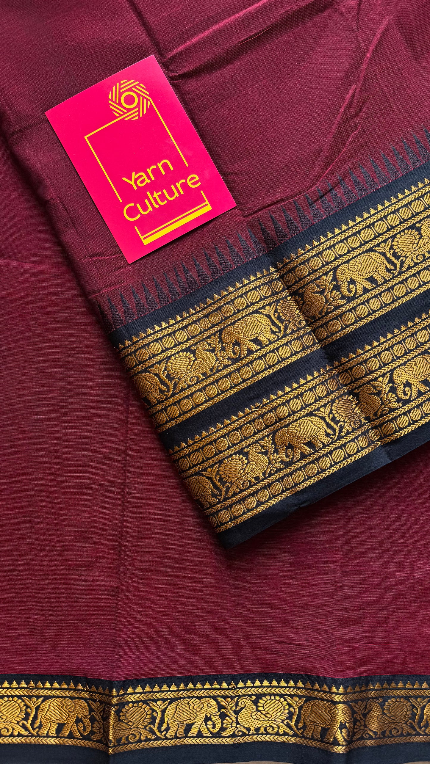 Kanchi cotton saree, dark red with black wide zari border - YCCOTNMA263