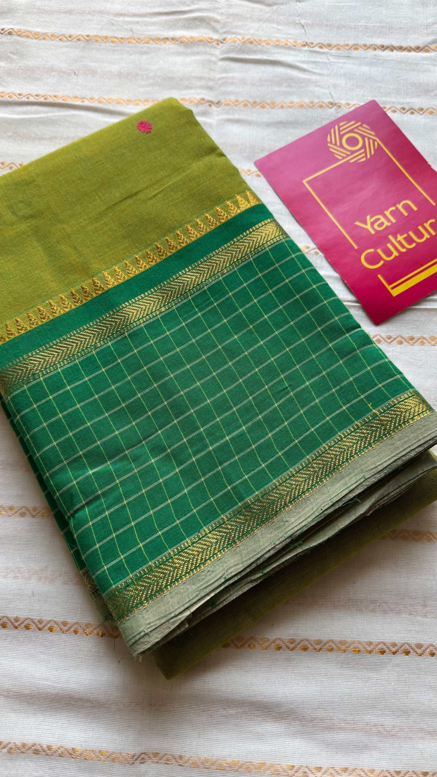 Light green and dark green contrast, Chettinad cotton saree with checkered border - YCCOTNMA274