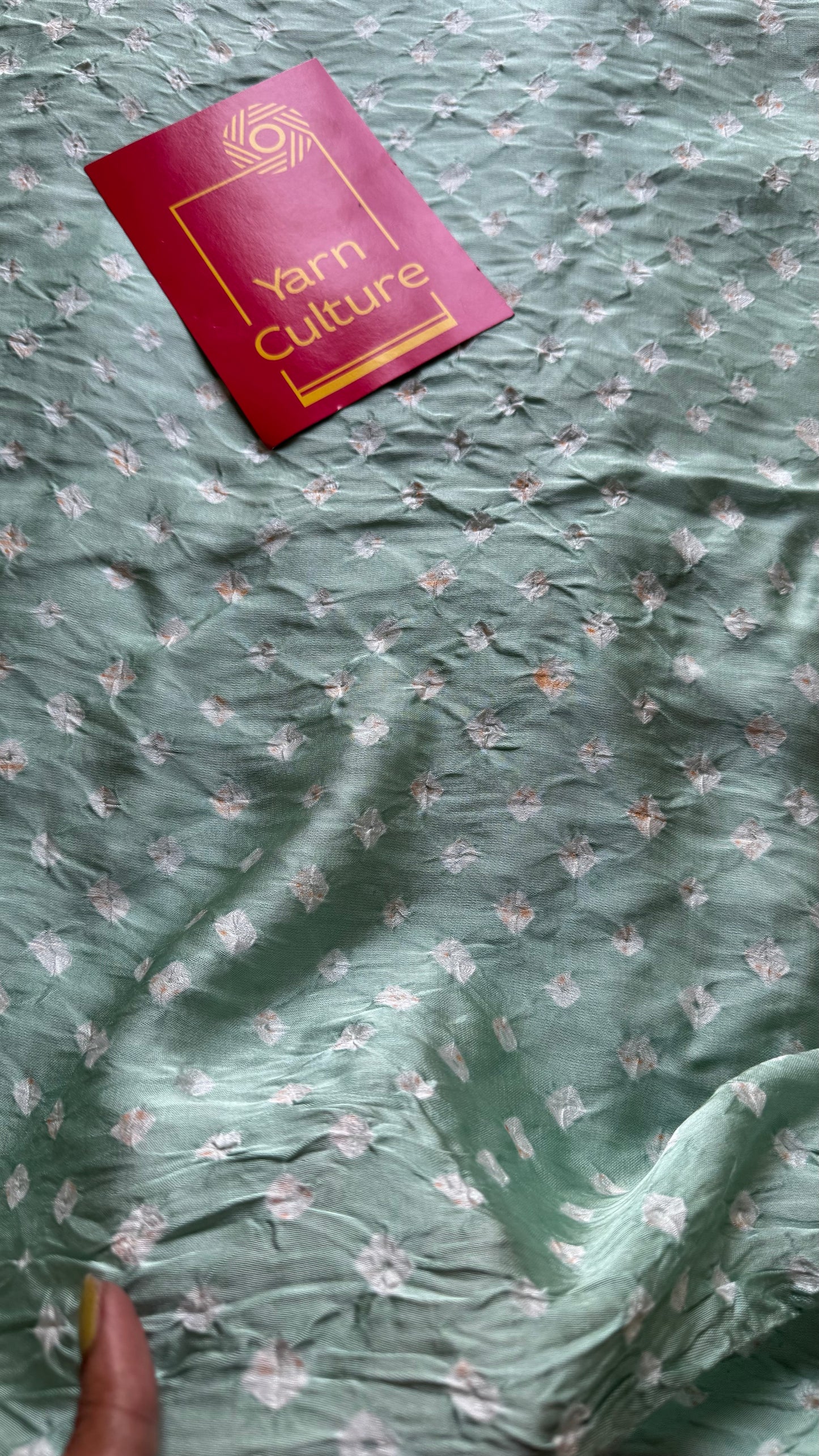 Pastel mint blue, crushed bandhej pure modal silk saree with lagdi patta zari pallu - YCTOKBM333