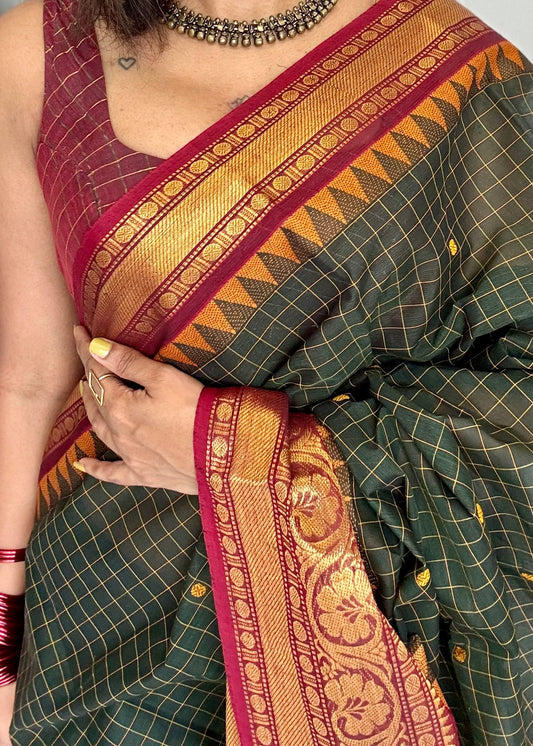 Chettinad cotton saree with zari border, lightweight breathable handloom cotton saree for summer and everyday wear, checks saree