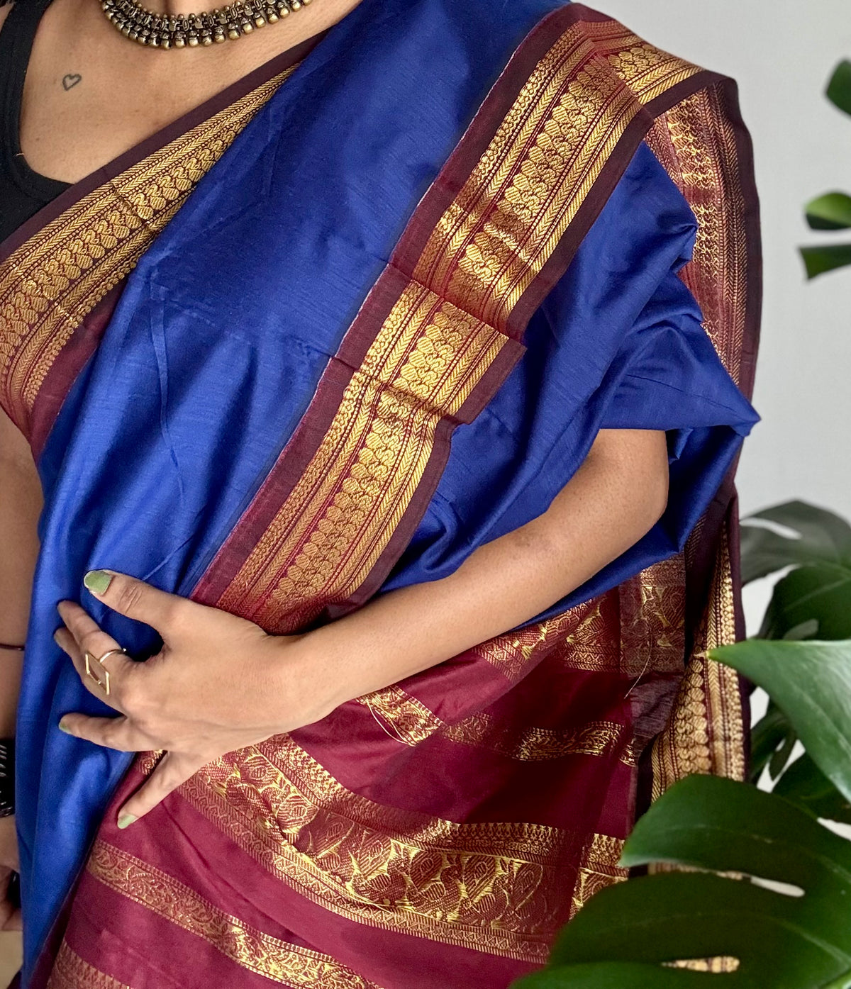 Royal blue with brown, cotton silk saree with zari border - YCCOTNKCOC106