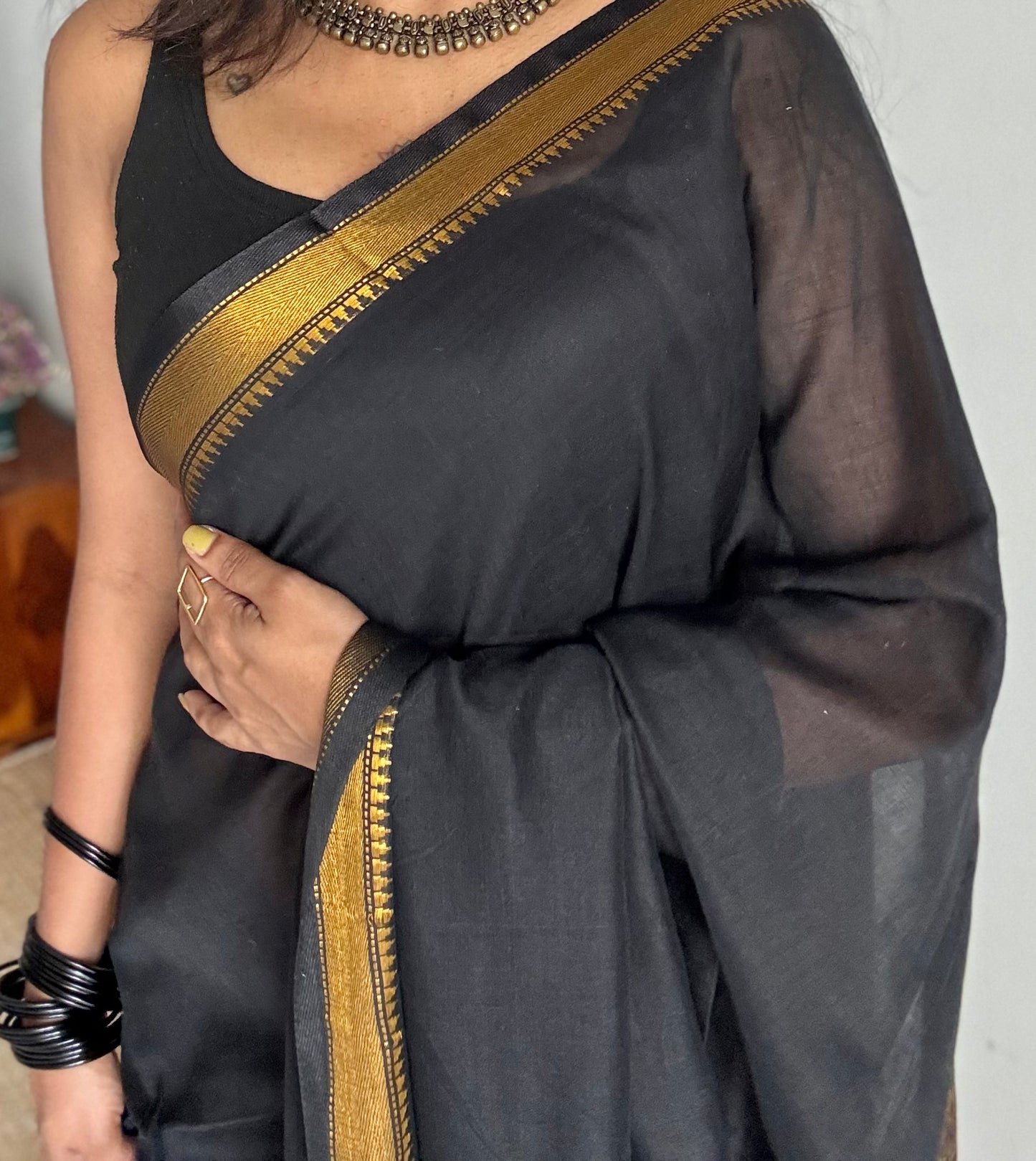 Black soft cotton with maheswari gold zari border - YCBCMCFE213