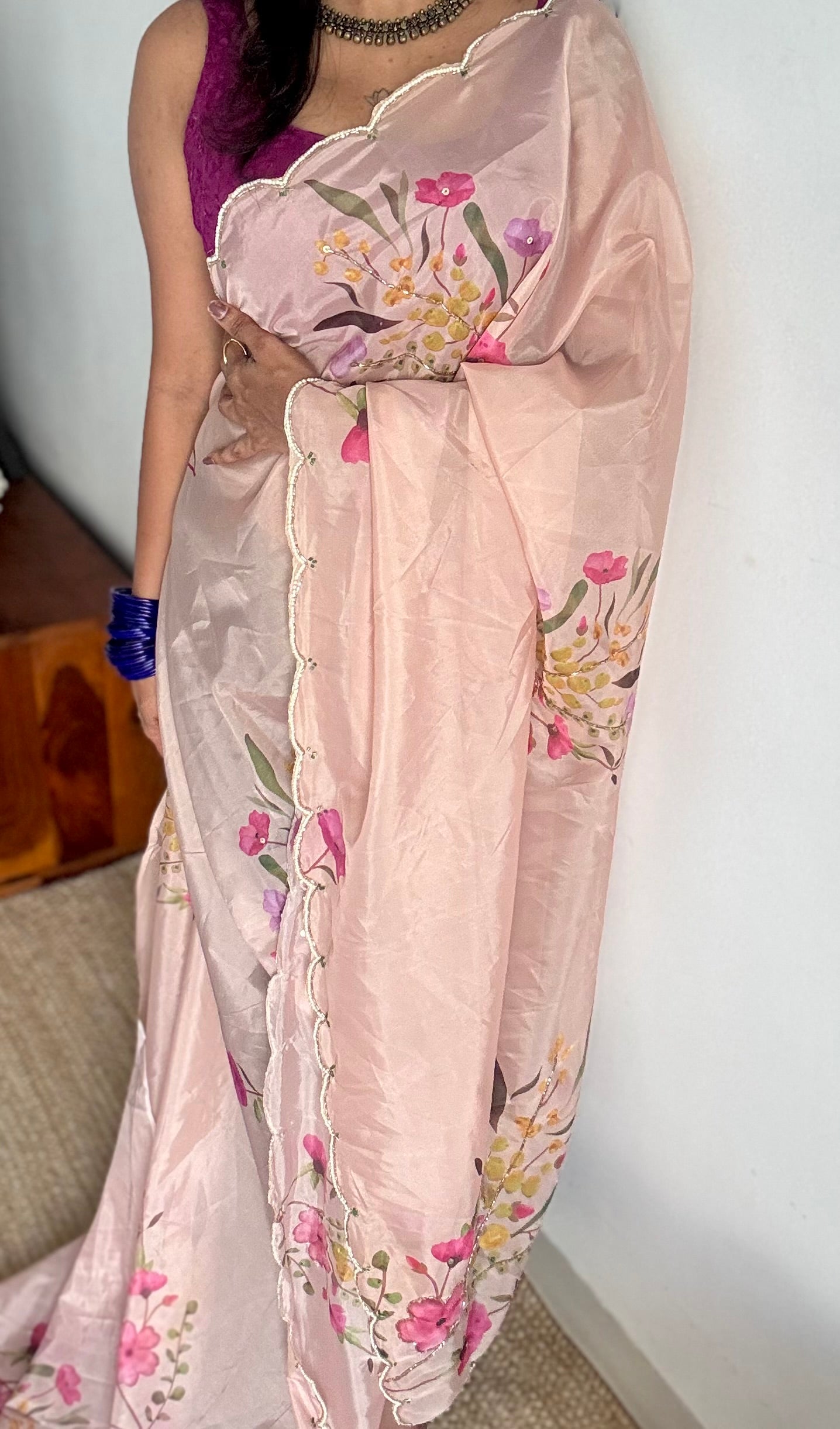 Peach Bloom - peach floral handworked sequins work, tabby silk - YCDOSNO49