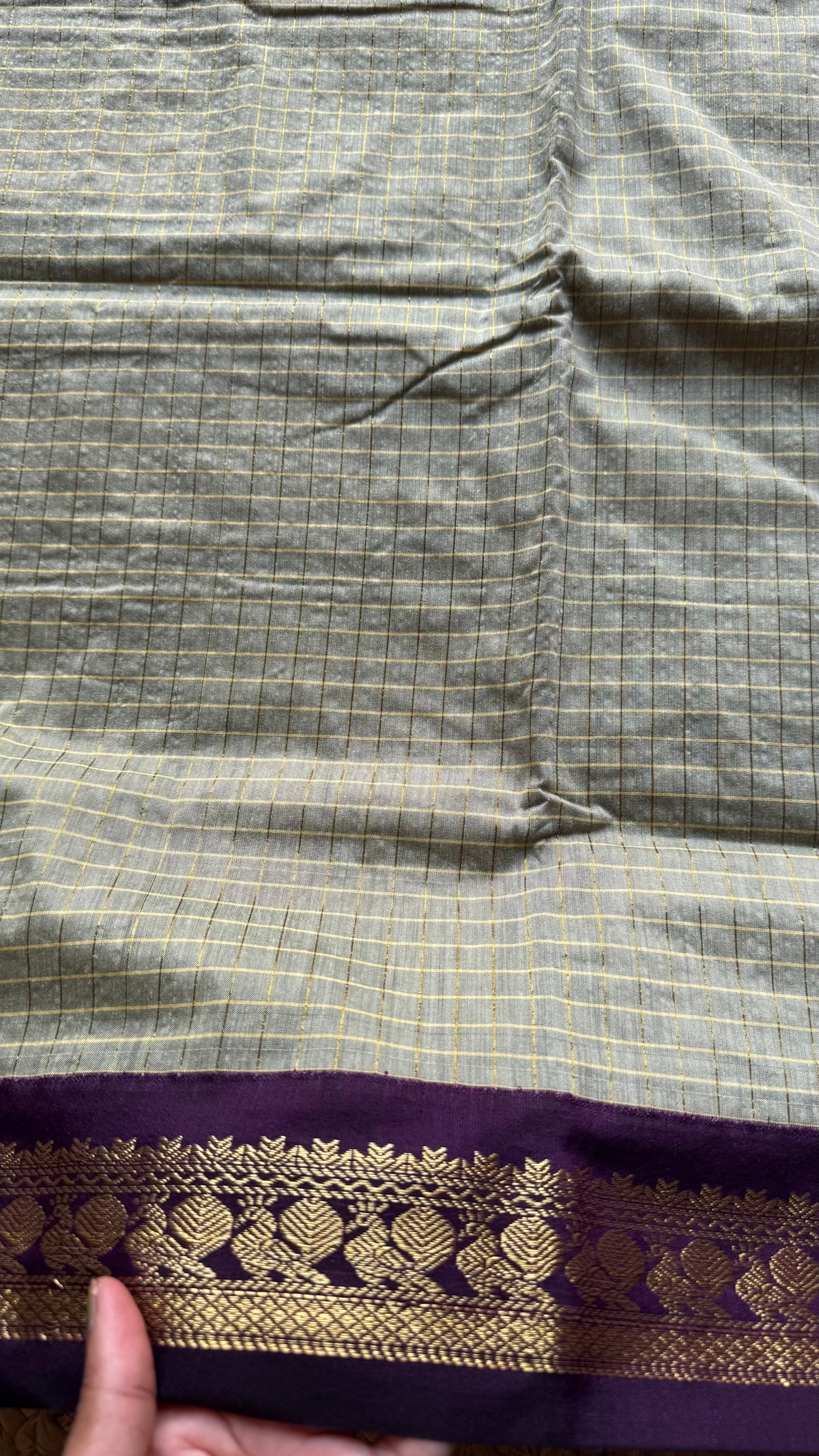 Warm grey with purple, zari checkered saree, cotton silk - YCCOTNKCOC105