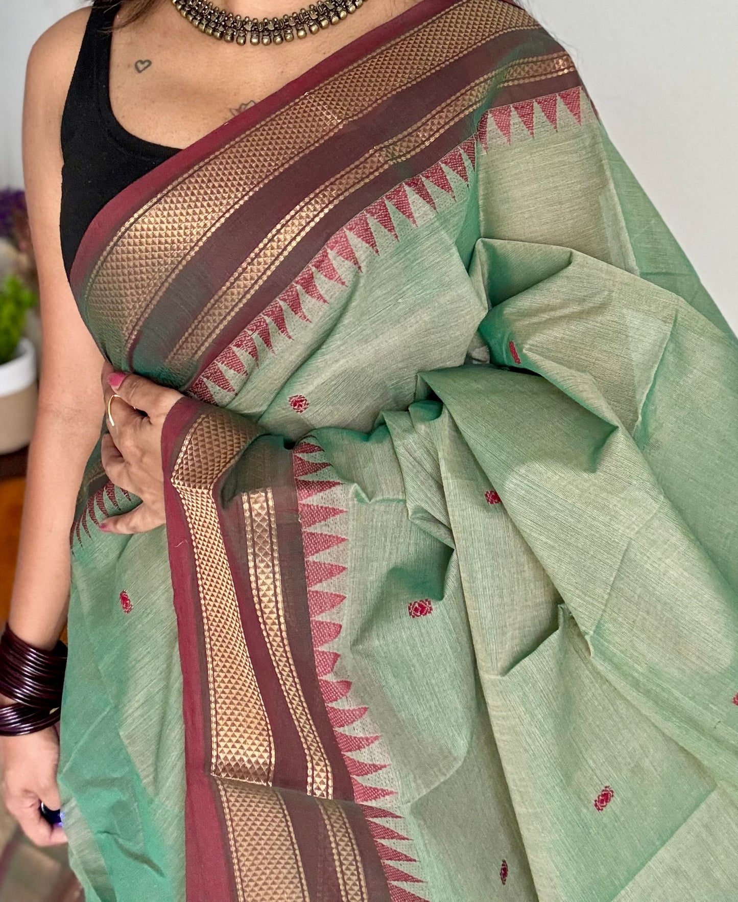 Kanchi cotton saree, mint green with brown khun inspired zari border - YCCOTNAP81