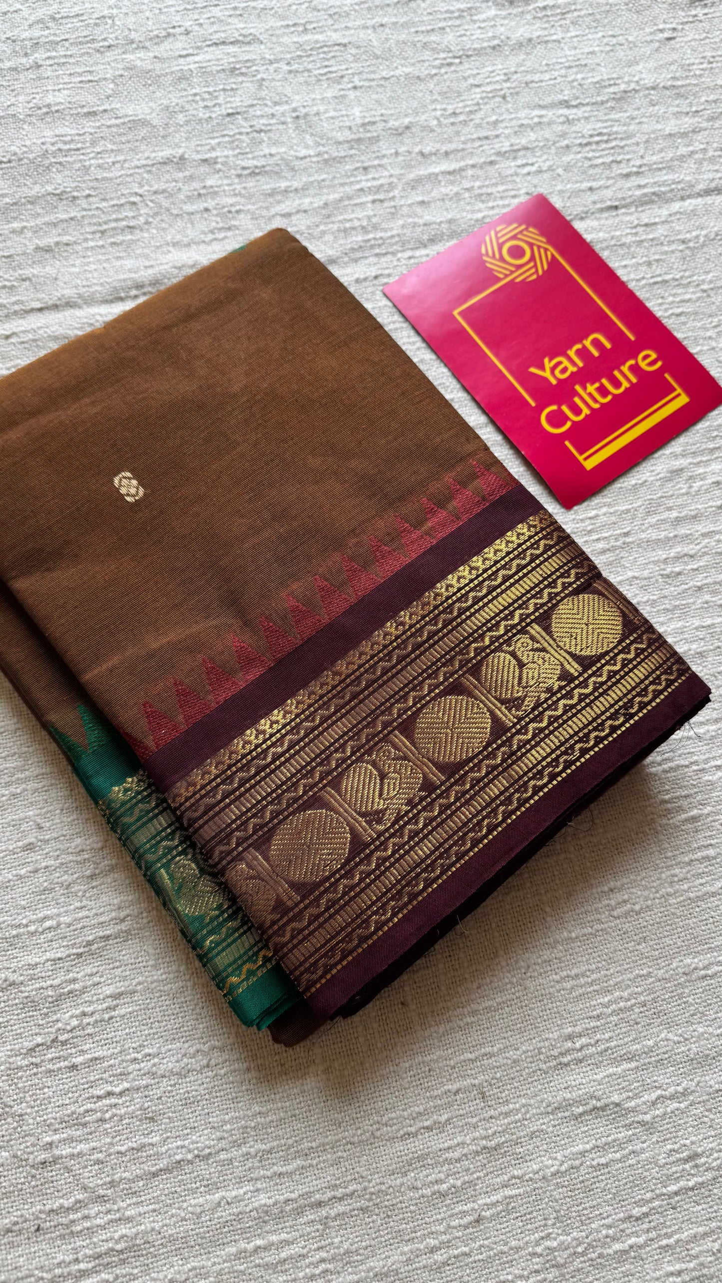 Kanchi cotton saree, brown with dark brown and green dual border - YCCOTNAP94