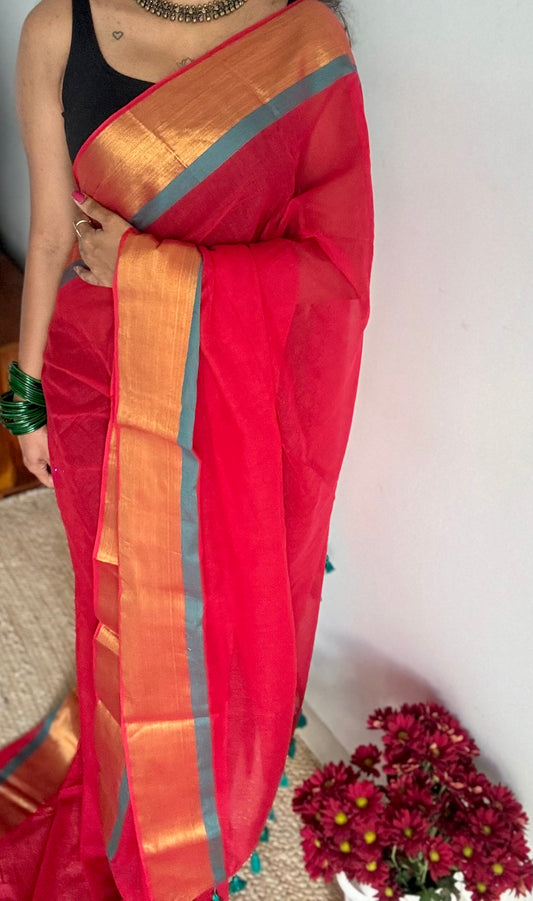 Red mul with green and antique gold zari border - YCBCMCLSE26